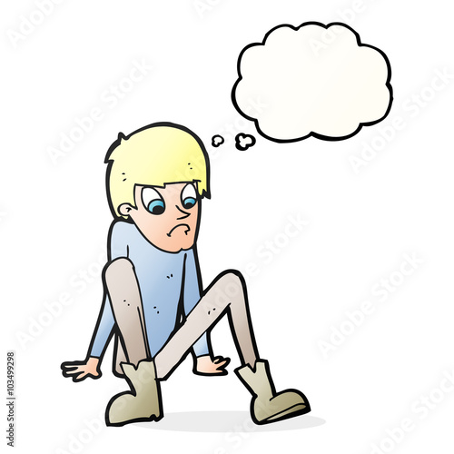 cartoon boy sitting on floor with thought bubble