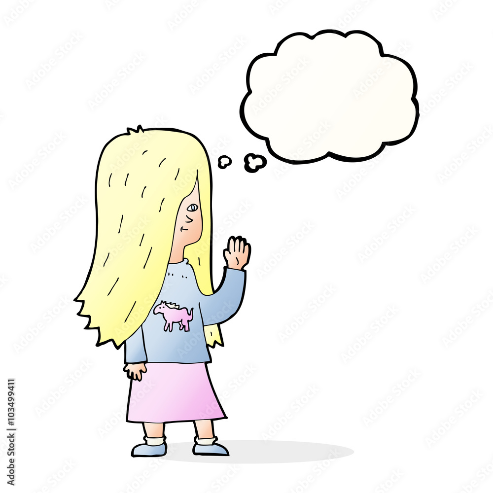 cartoon girl with pony shirt waving with thought bubble cartoon girl with pony shirt waving with thought bubble