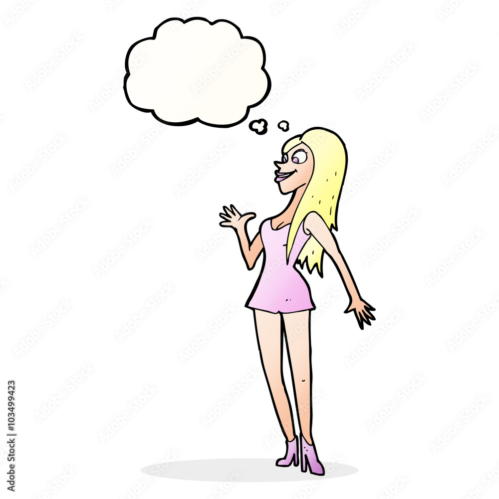 cartoon woman in pink dress with thought bubble cartoon woman in pink dress with thought bubble