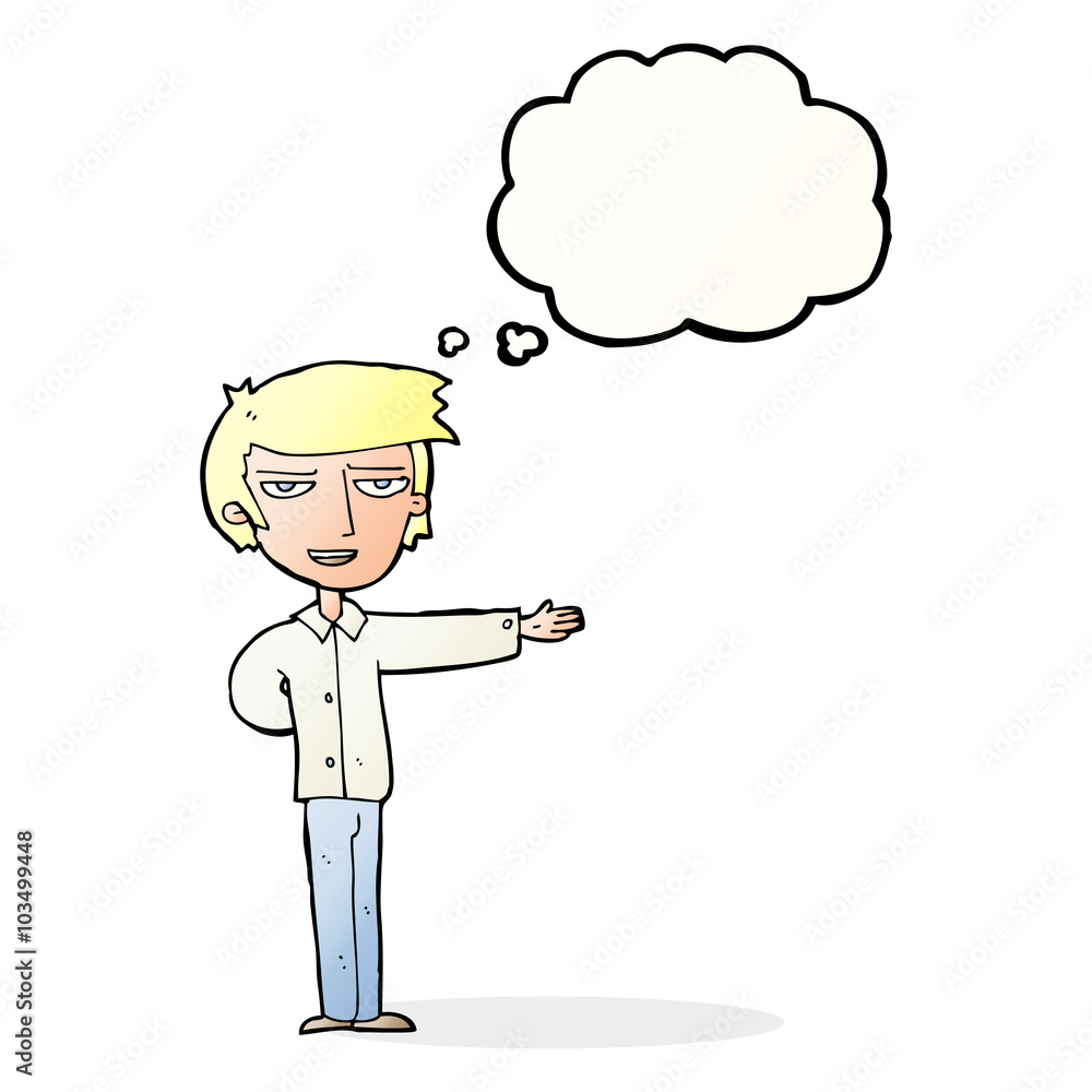 cartoon man gesturing welcome with thought bubble cartoon man gesturing welcome with thought bubble