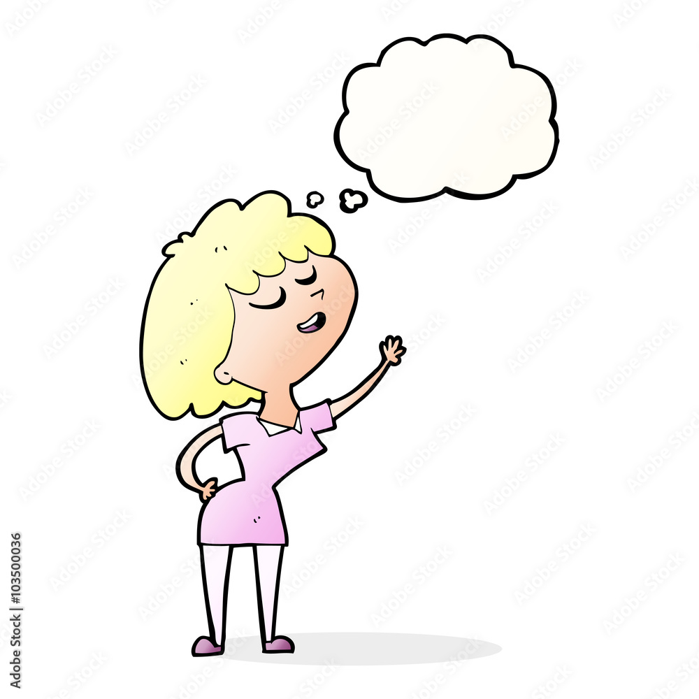 cartoon happy woman about to speak with thought bubble cartoon happy woman about to speak with thought bubble