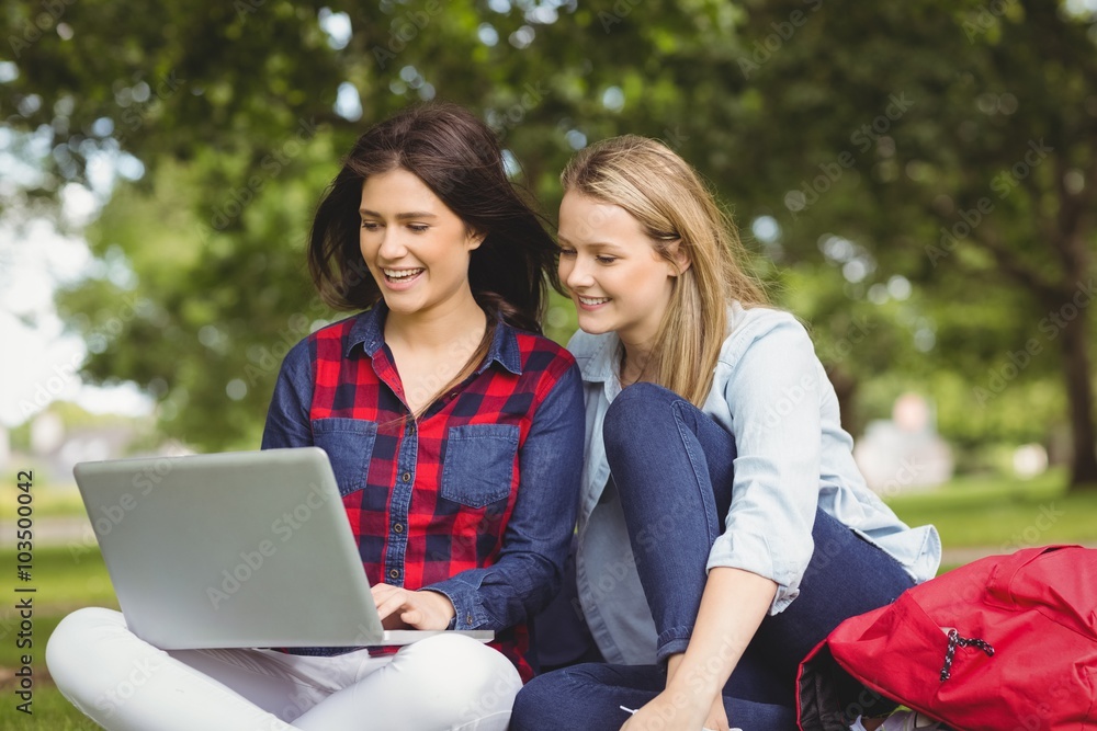 Smiling students using laptop Smiling students using laptop