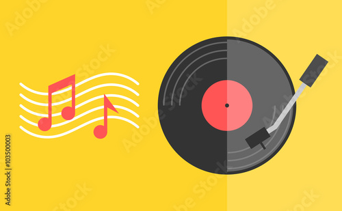 Black vinyl record disc with red blank label and with notes. Modern flat style. Vector icon