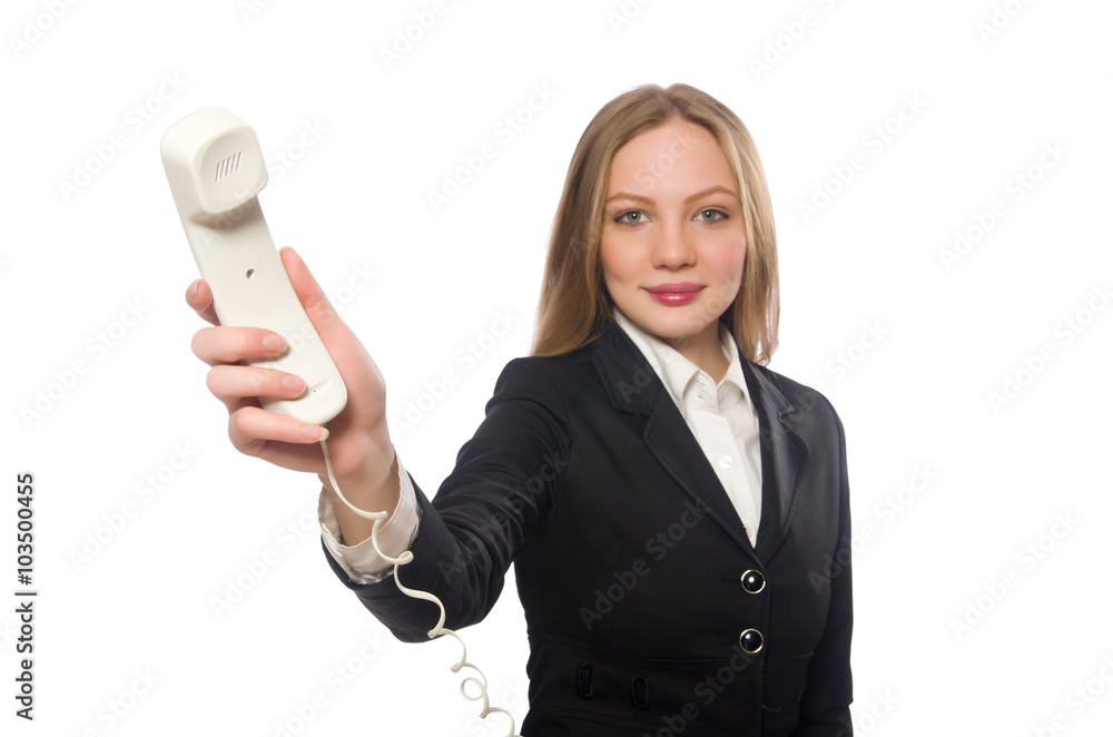 Pretty office employee holding phone isolated on white Pretty office employee holding phone isolated on white