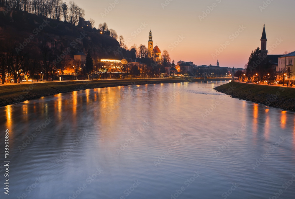 Panoramic view of the historic city of Salzburg with Salzach river, blue hour, Salzburger Land, Austria