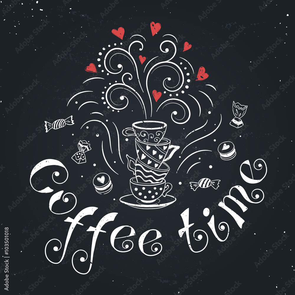 Coffee time poster concept. Coffee party card design. Hand drawn doodle ...