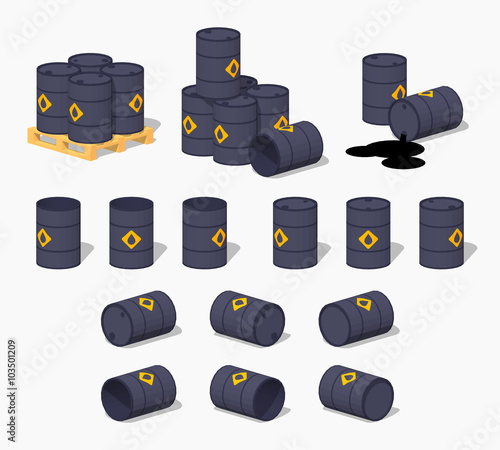 Black metal barrels with the oil. 3D lowpoly isometric vector illustration. The set of objects isolated against the white background and shown from different sides