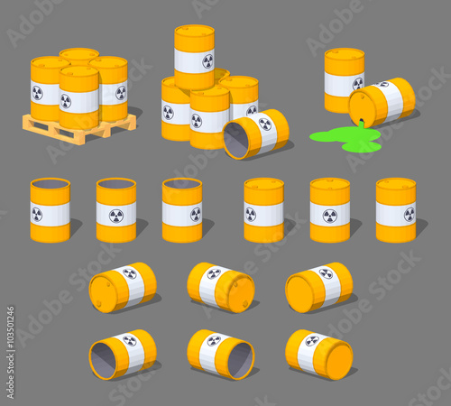 Metal barrels with the nuclear waste. 3D lowpoly isometric vector illustration. The set of objects isolated against the grey background and shown from different sides