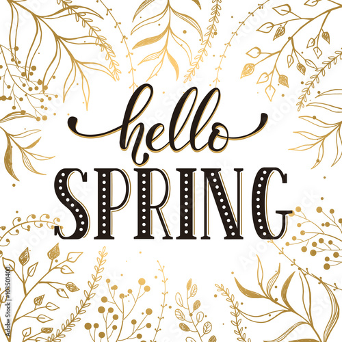 Hello spring lettering black on white with golden branches on background. Romantic text. Modern calligraphy for greeting card design.