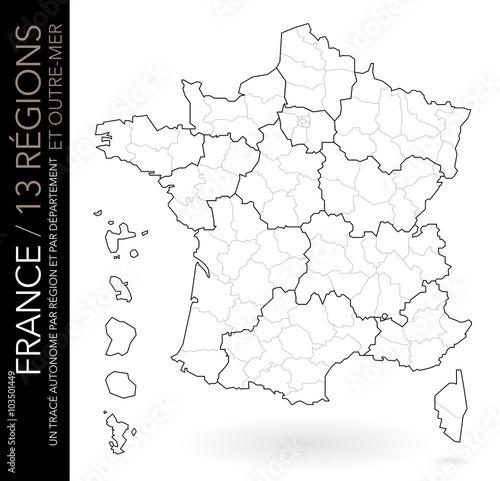 Carte de France muette / 13 régions et outre-mer avec départements (un tracé autonome par zone)