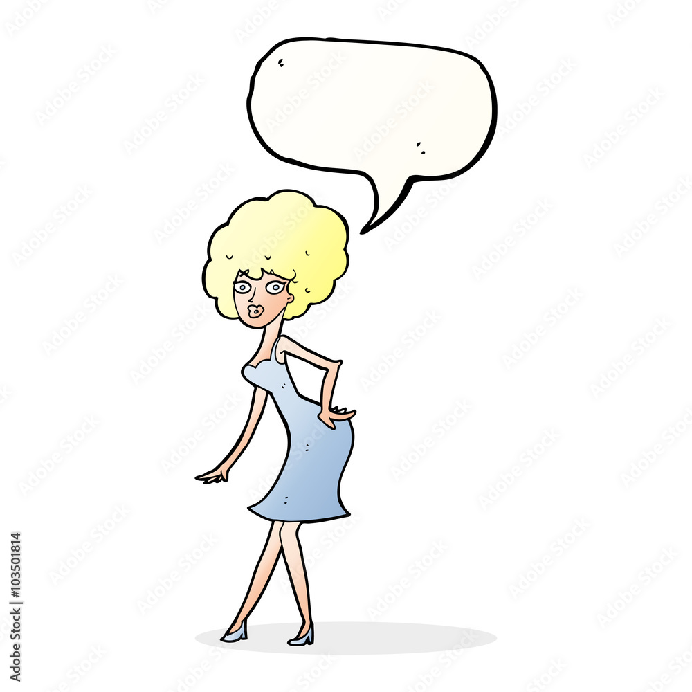 cartoon woman posing in dress with speech bubble cartoon woman posing in dress with speech bubble
