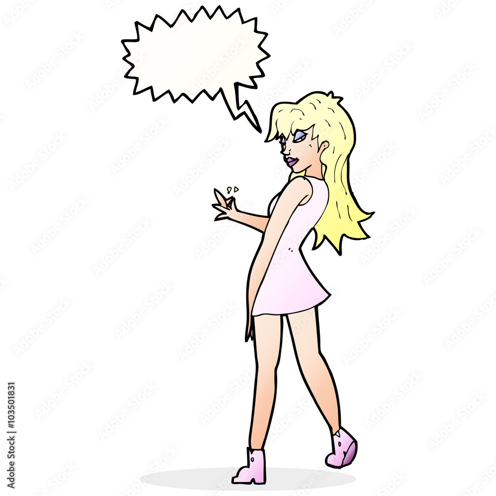 cartoon woman posing in dress with speech bubble