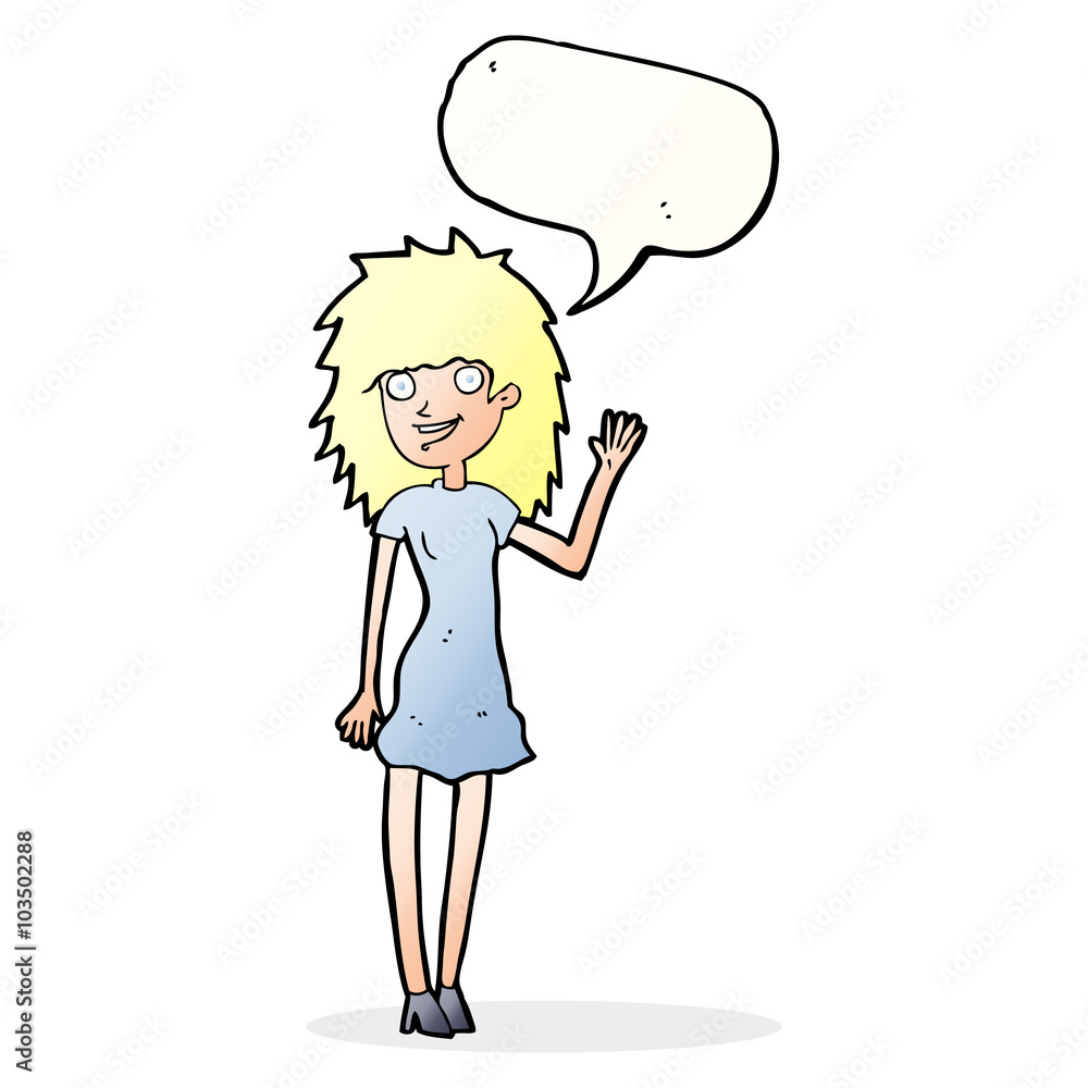 cartoon happy woman waving with speech bubble cartoon happy woman waving with speech bubble