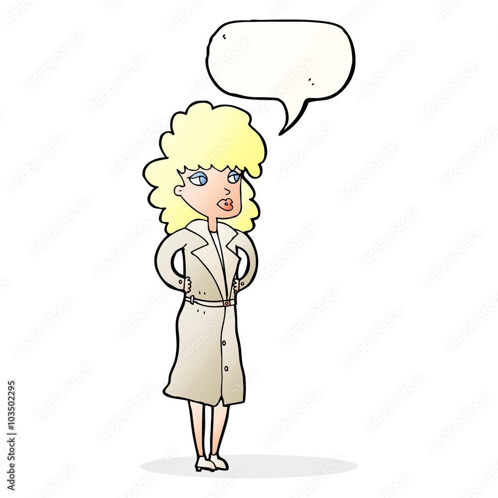 cartoon woman in trench coat with speech bubble cartoon woman in trench coat with speech bubble