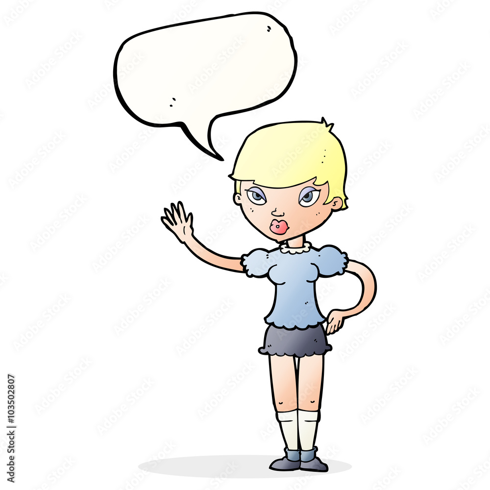 cartoon woman waving with speech bubble cartoon woman waving with speech bubble