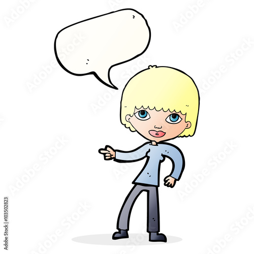 cartoon woman pointing with speech bubble