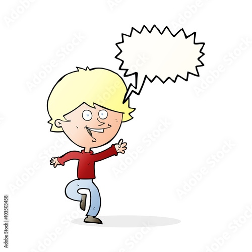 cartoon happy waving boy with speech bubble