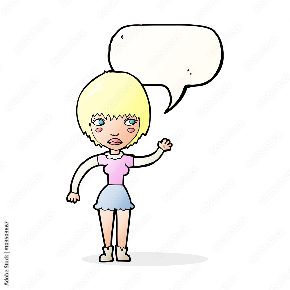 cartoon waving woman with speech bubble cartoon waving woman with speech bubble