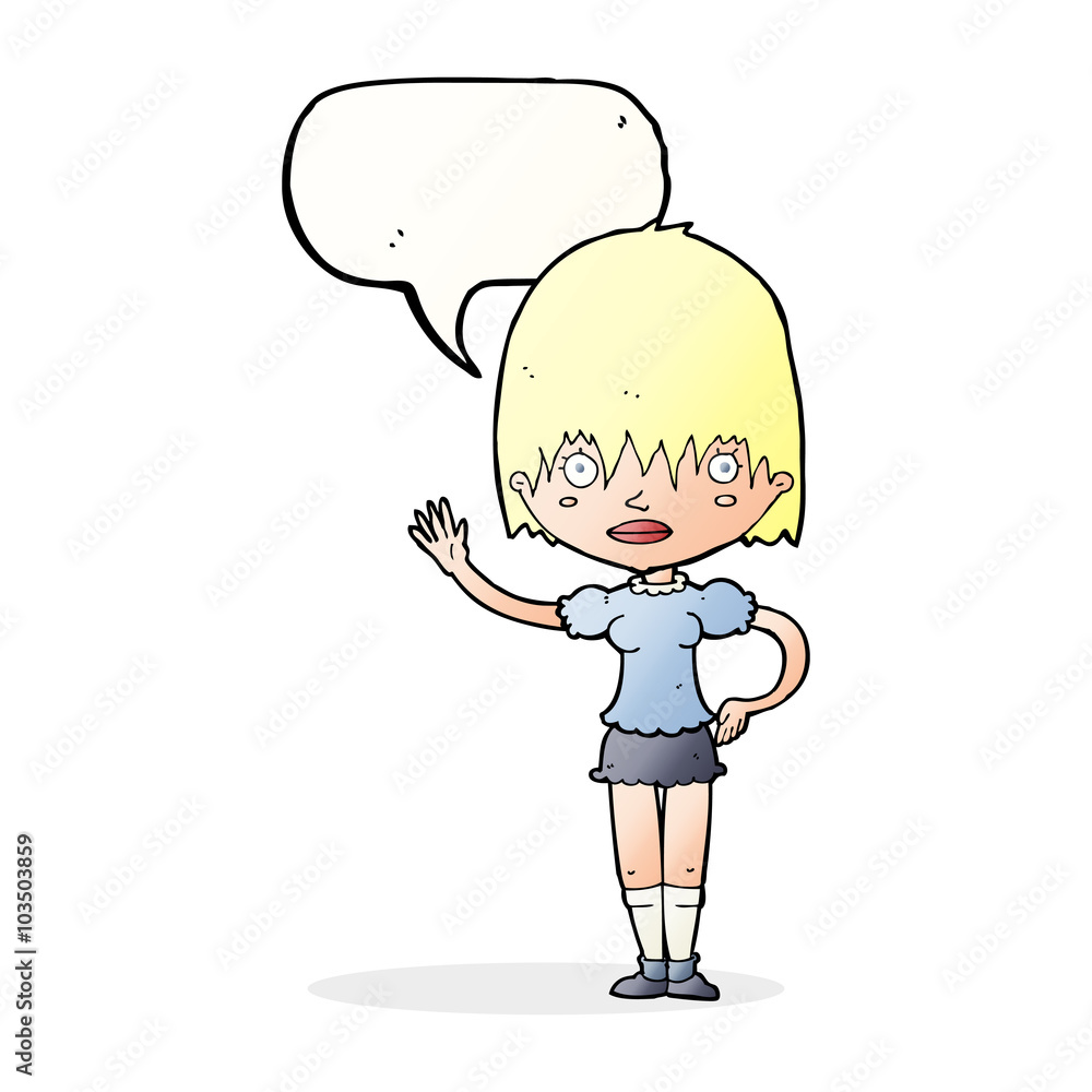 cartoon waving woman with speech bubble cartoon waving woman with speech bubble