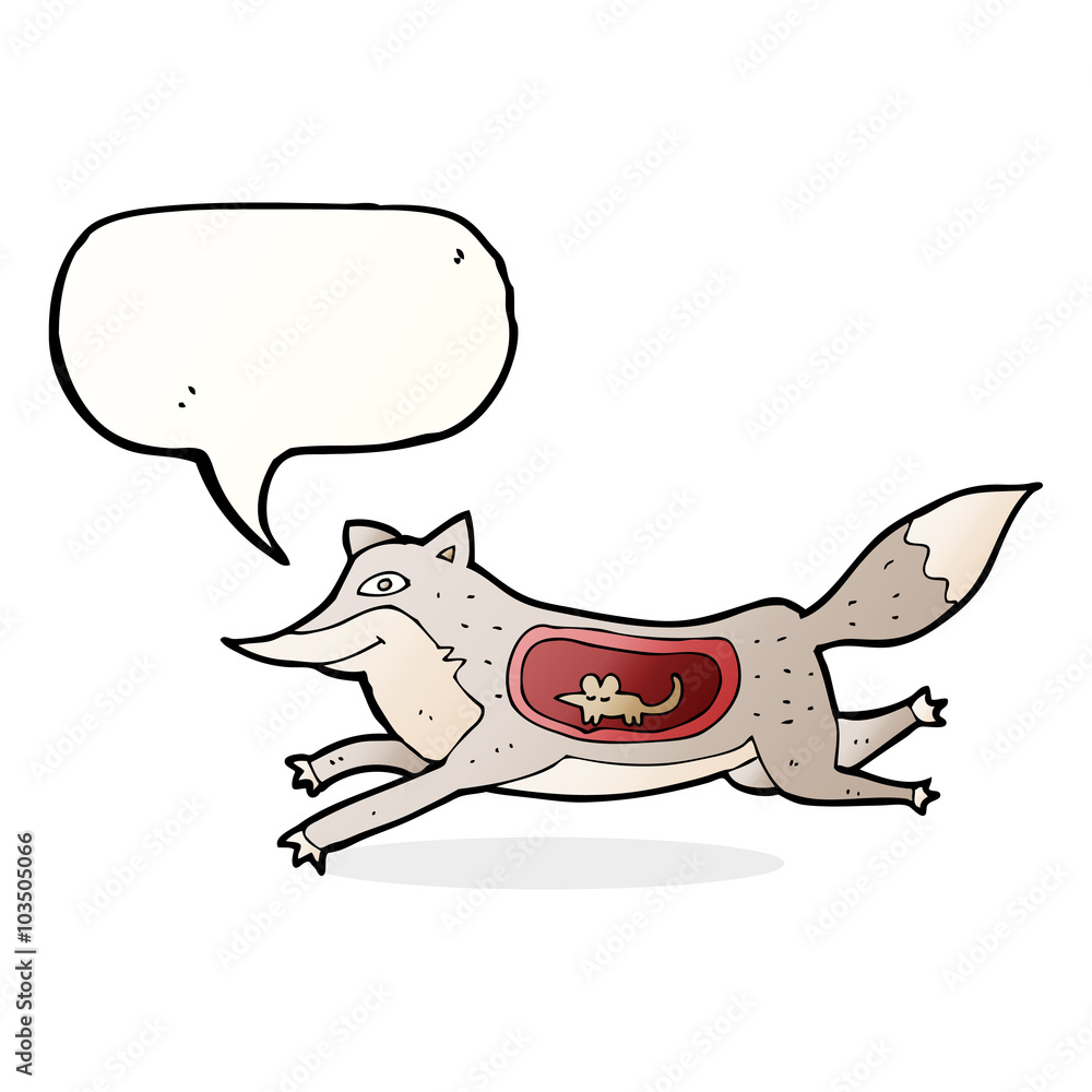 cartoon wolf with mouse in belly with speech bubble cartoon wolf with mouse in belly with speech bubble