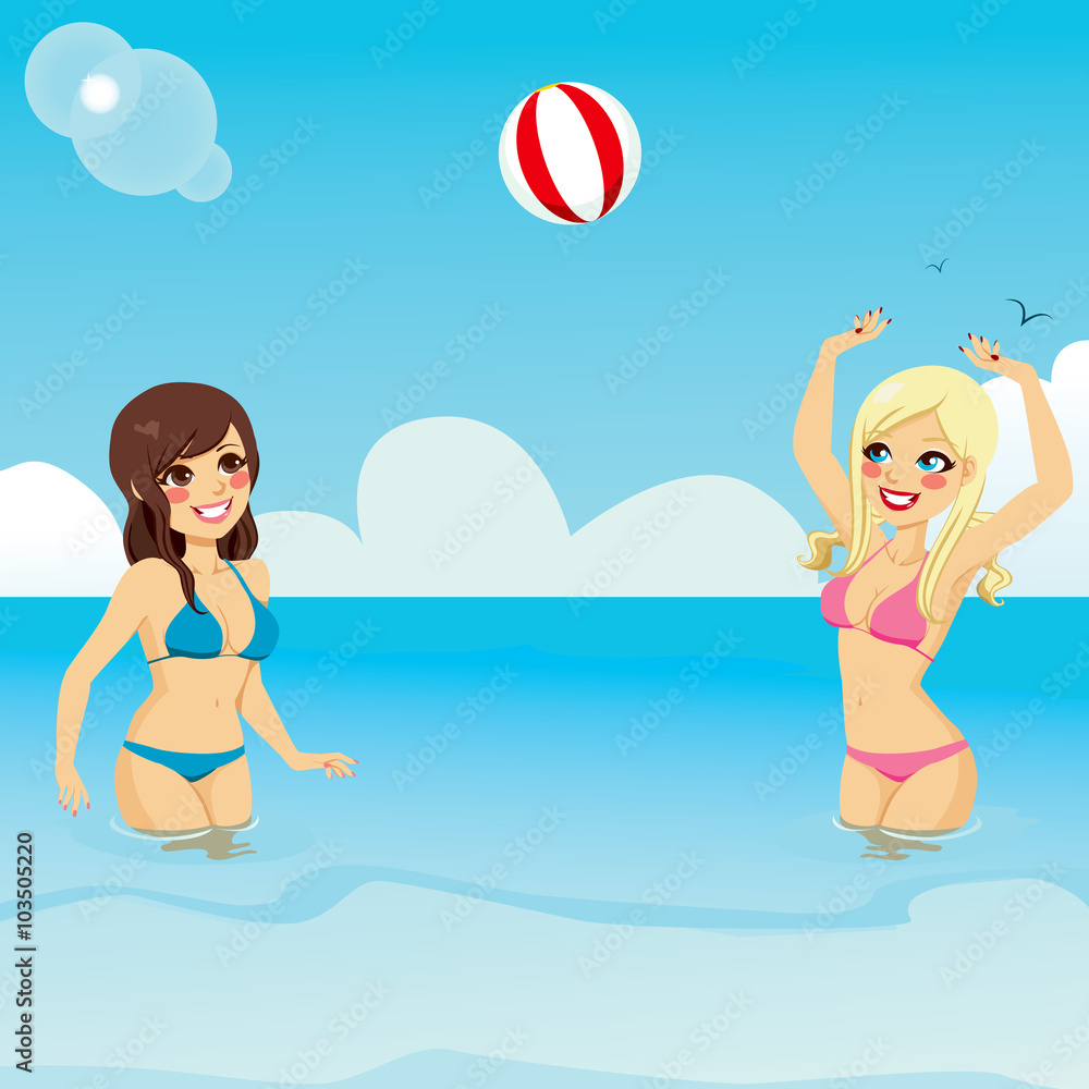 Two beautiful girls in bikini playing with beach ball on water