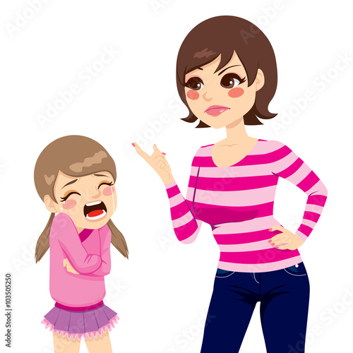 Illustration of upset young mother scolding little crying girl