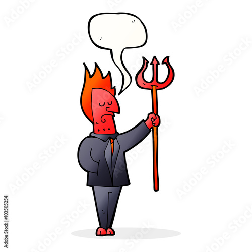 cartoon devil with pitchfork with speech bubble