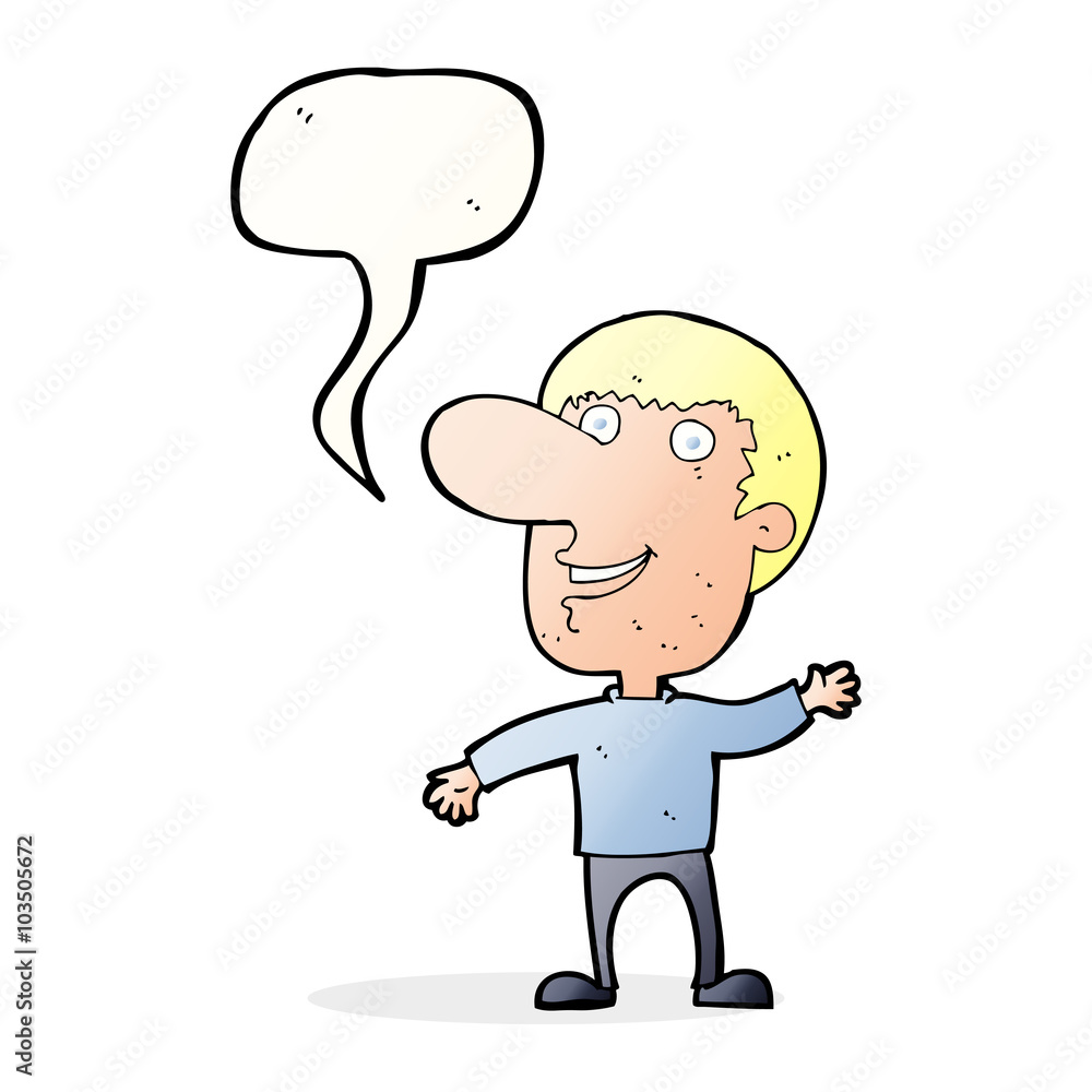 cartoon waving man with speech bubble