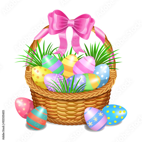 Easter basket with color painted easter eggs 