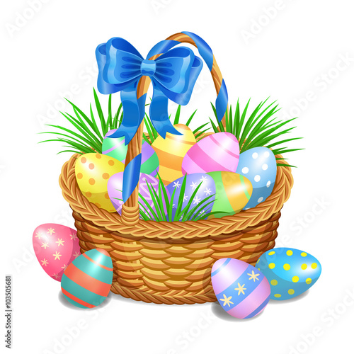 Easter basket with color painted easter eggs