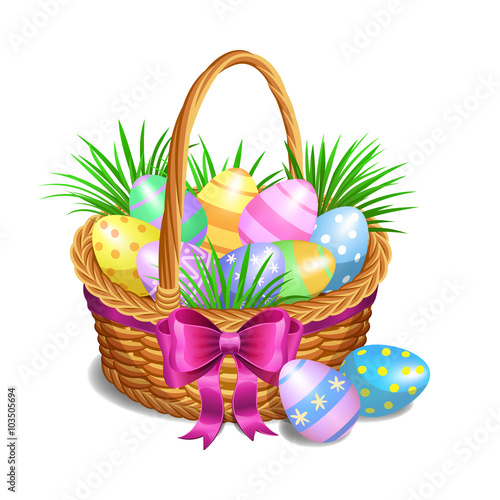 Easter basket with color painted easter eggs