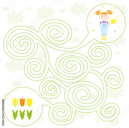 Easy maze game with a child/ little girl , watering can and tulips