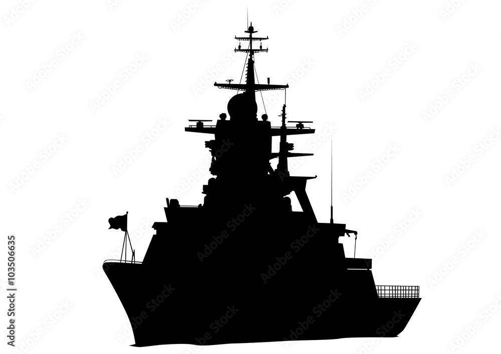 Fototapeta premium Silhouette of a large warship on a white background