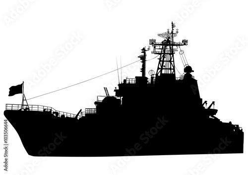 Silhouette of a large warship on a white background