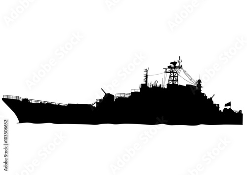 Silhouette of a large warship on a white background