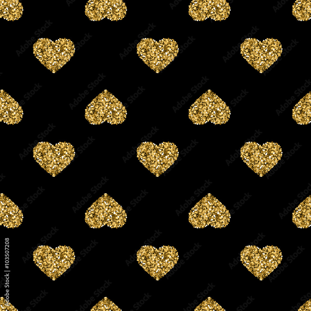Seamless pattern with gold glitter hearts on black background Seamless pattern with gold glitter hearts on black background