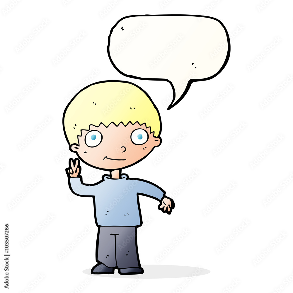 cartoon boy giving peace sign with speech bubble cartoon boy giving peace sign with speech bubble