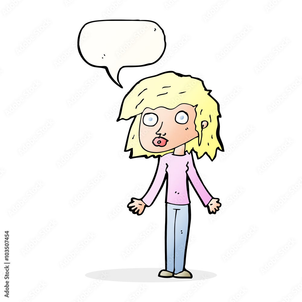 cartoon girl shrugging shoulders with speech bubble cartoon girl shrugging shoulders with speech bubble
