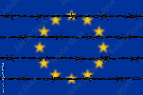 European Union flag behind barbed wires