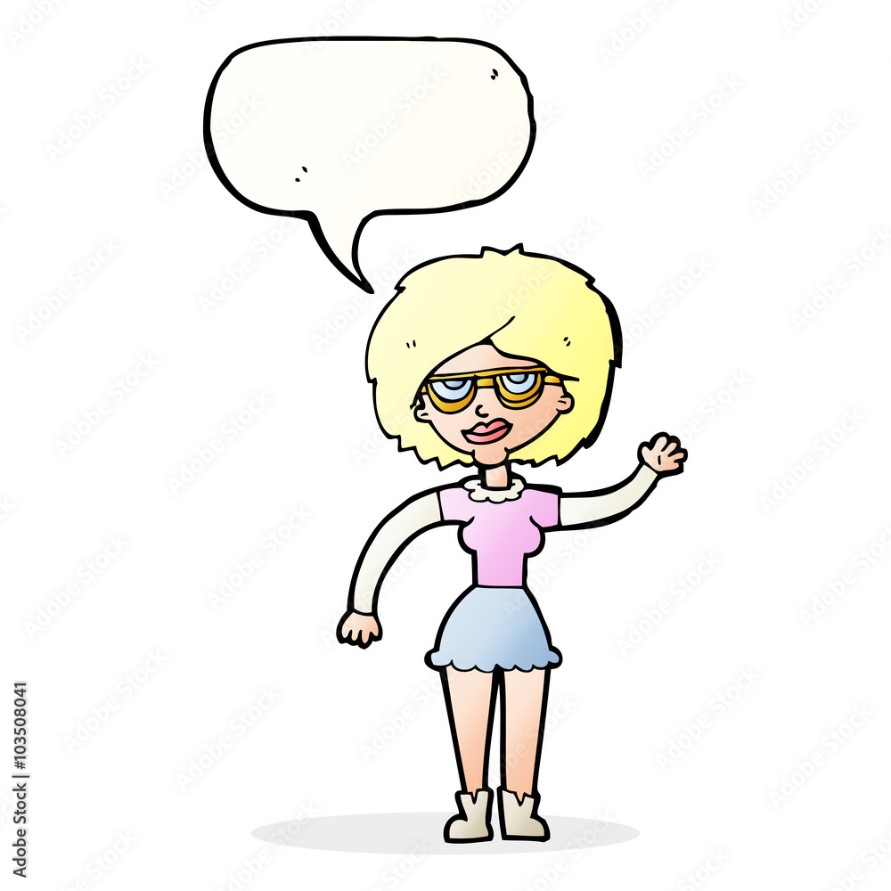 cartoon waving woman wearing spectacles with speech bubble cartoon waving woman wearing spectacles with speech bubble