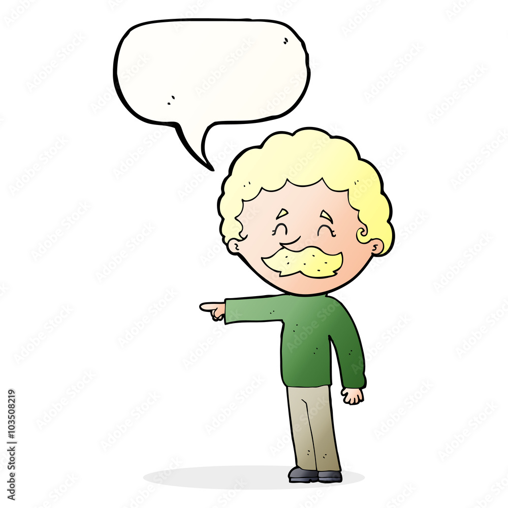 Fototapeta premium cartoon man with mustache pointing with speech bubble