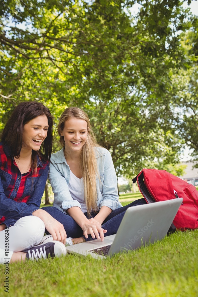 Smiling students using laptop 