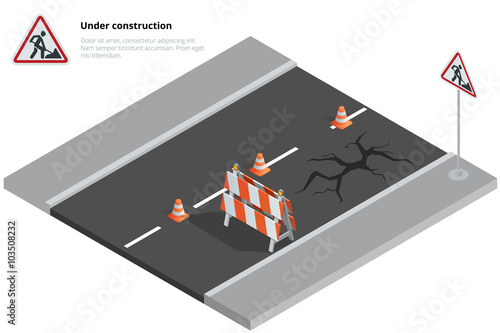 Road repair, under construction road sign, Repairs, maintenance and construction of pavement, Road closed sign with orange lights against. Flat 3d vector isometric illustration.