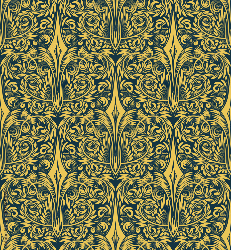 Damask seamless pattern repeating background. Golden blue floral ornament in baroque style. Damask seamless pattern repeating background. Golden blue floral ornament in baroque style.