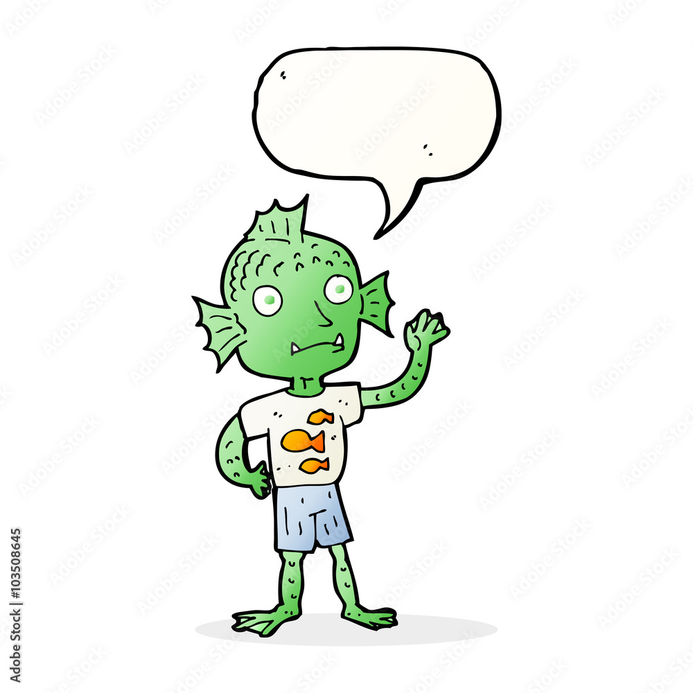 cartoon waving fish boy with speech bubble cartoon waving fish boy with speech bubble