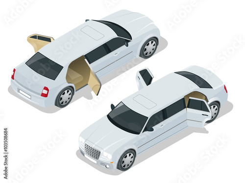 White limousine with open doors. VIP car. Vector isometric illustration. Limousine icon, sign. Modern simple design, flat style.