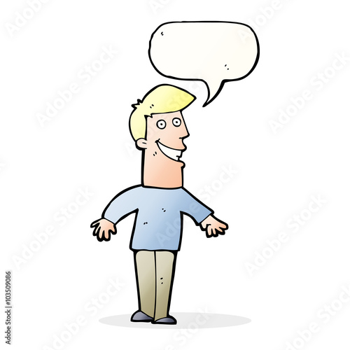 cartoon grinning man with speech bubble