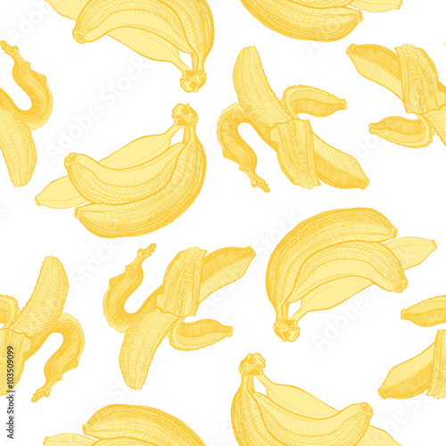 Bananas engraving drawing. Seamless wallpaper pattern.