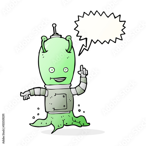 cartoon alien spaceman with speech bubble
