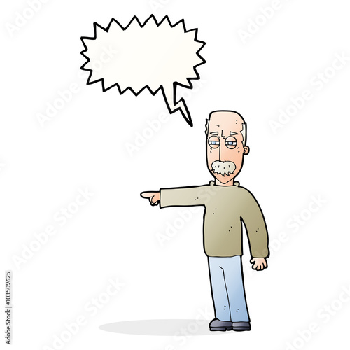 cartoon old man gesturing Get Out! with speech bubble